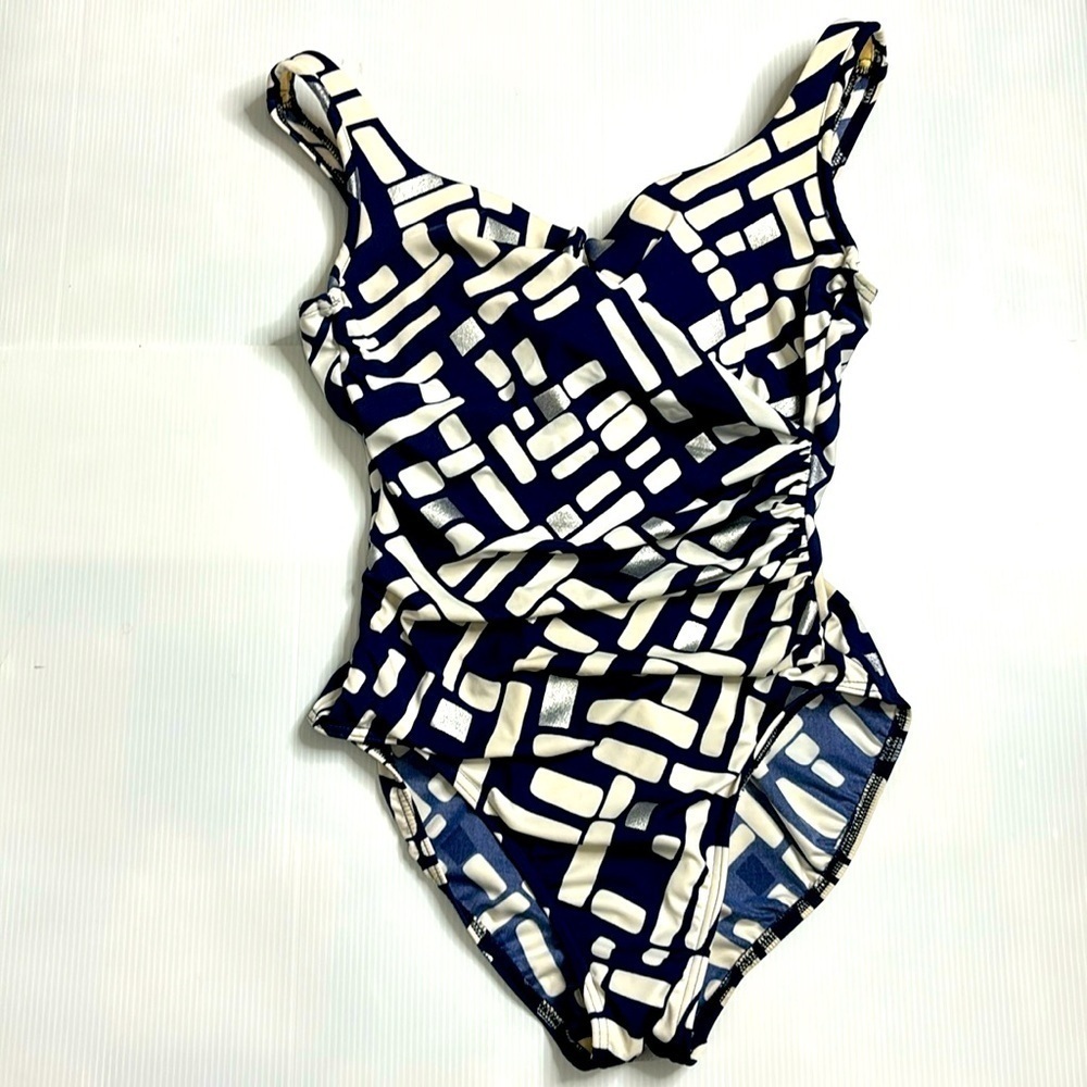Miraclesuit One Piece Swim Suit Blue Silver Ruched Tummy Control Underwire